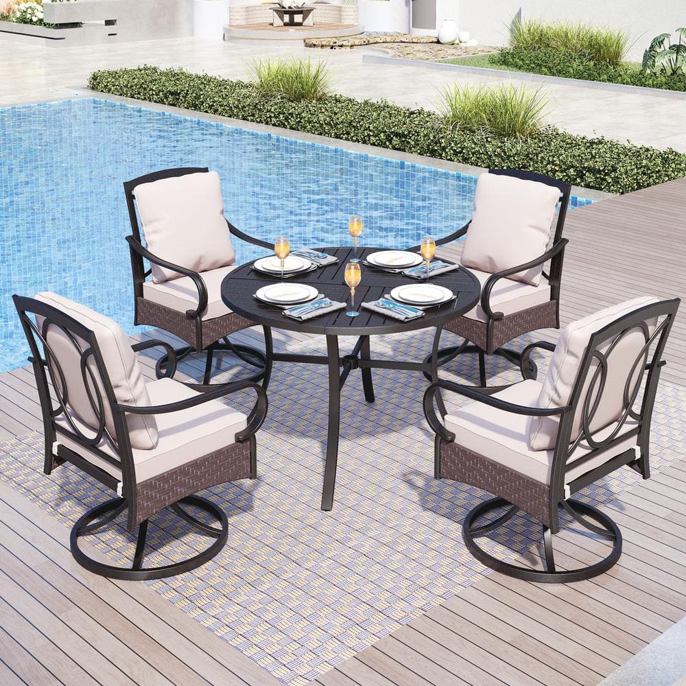 5-Piece Metal Patio Outdoor Dining Set with Beige Cushions with 4 Swivel Dining Chairs and Round Dining Table -  PHI VILLA, THD5-409416