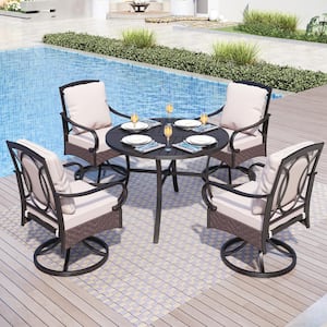 5-Piece Metal Patio Outdoor Dining Set with Beige Cushions with 4 Swivel Dining Chairs and Round Dining Table