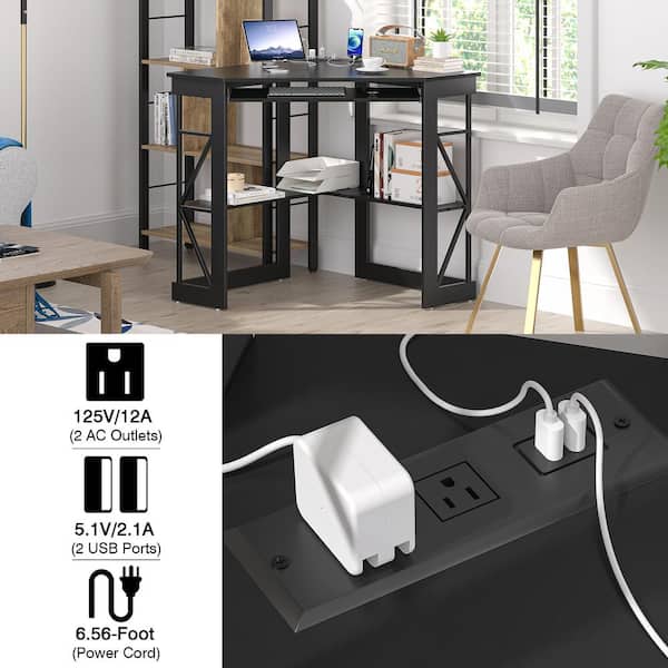VECELO - Corner Computer Desk with Built-In Charging Station, Keyboard Tray and Storage Shelves, 41 in. Triangle Table, Black