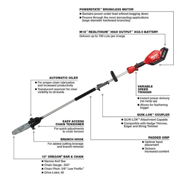 10 20 Volt Cordless Pole Saw Auto Chain Tension Oiler Light Limb