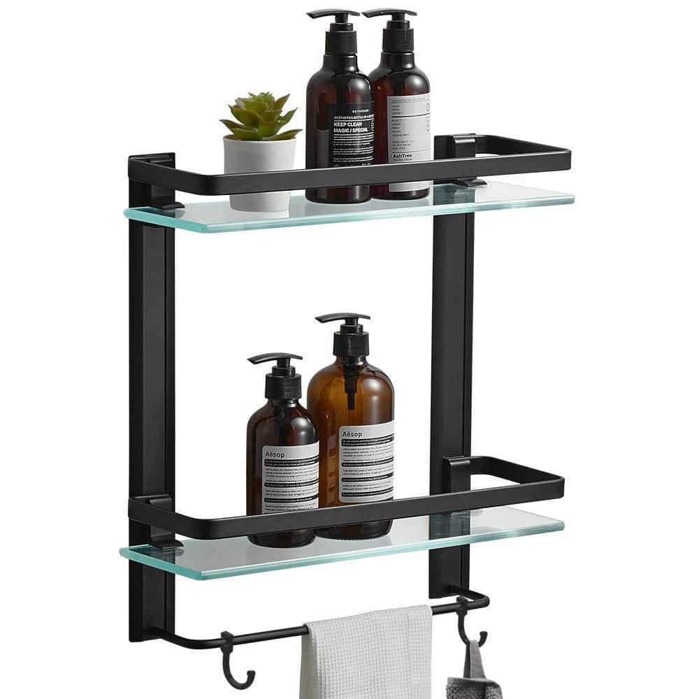 APROTOSS Upgrade Your Bathroom with Our Sleek 16-inch Glass Shelves with Black Brackets ! Glass Shower Shelves for Tile Walls and Glass Bathroom