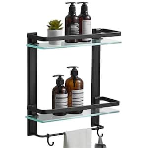 12.2 in. W x 4.8 in. D x 16.14 in. H Black 2 Tier Tempered Glass Shower Shelves with Towel Bar Wall Mounted
