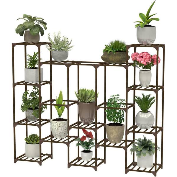 myhomore 55 in. Indoor/Outdoor Natural Walnut Wooden Plant Stand (6-Tiers 14 Potted)