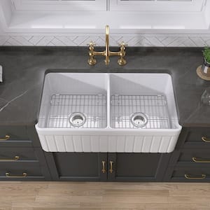 33 in. Apron Front Farmhouse Sink Rectangular White Double Bowl Center Drain Fireclay Farm Kitchen Sink With Accessories