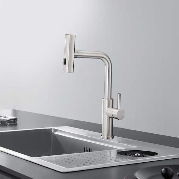 Modern Single Handle Single Hole Pull Out Sprayer Kitchen Faucet Stainless Steel in Brushed Nickel