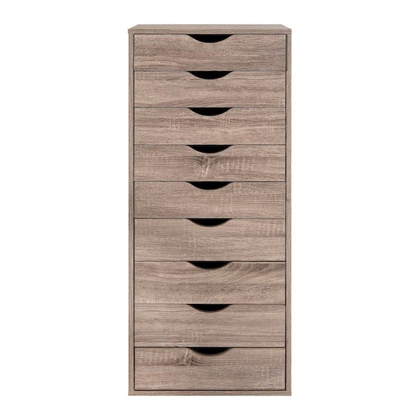 HOMESTOCK Vintage Oak, 9-Drawer with Shelf, Office File Cabinets 46 in. H x 19 in. W x 14 in. D Wooden Vertical File Cabinet
