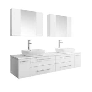 Lucera 72 in. W Wall Hung Vanity in White with Quartz Stone Vanity Top in White with White Basins and Medicine Cabinet