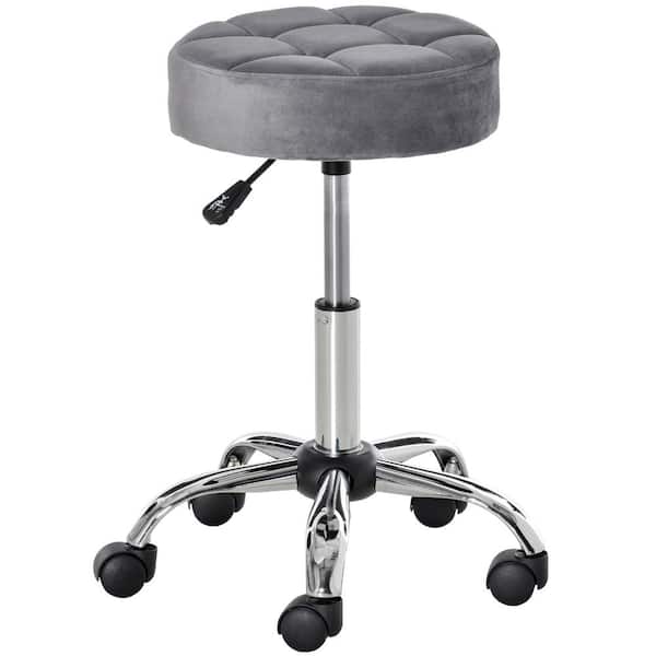 HOMCOM 13.75 x 19.25 Round Vanity Stool with Height Adjustable Lift, Luxury Style Upholstery and Swivel Seat and Wheels, Grey