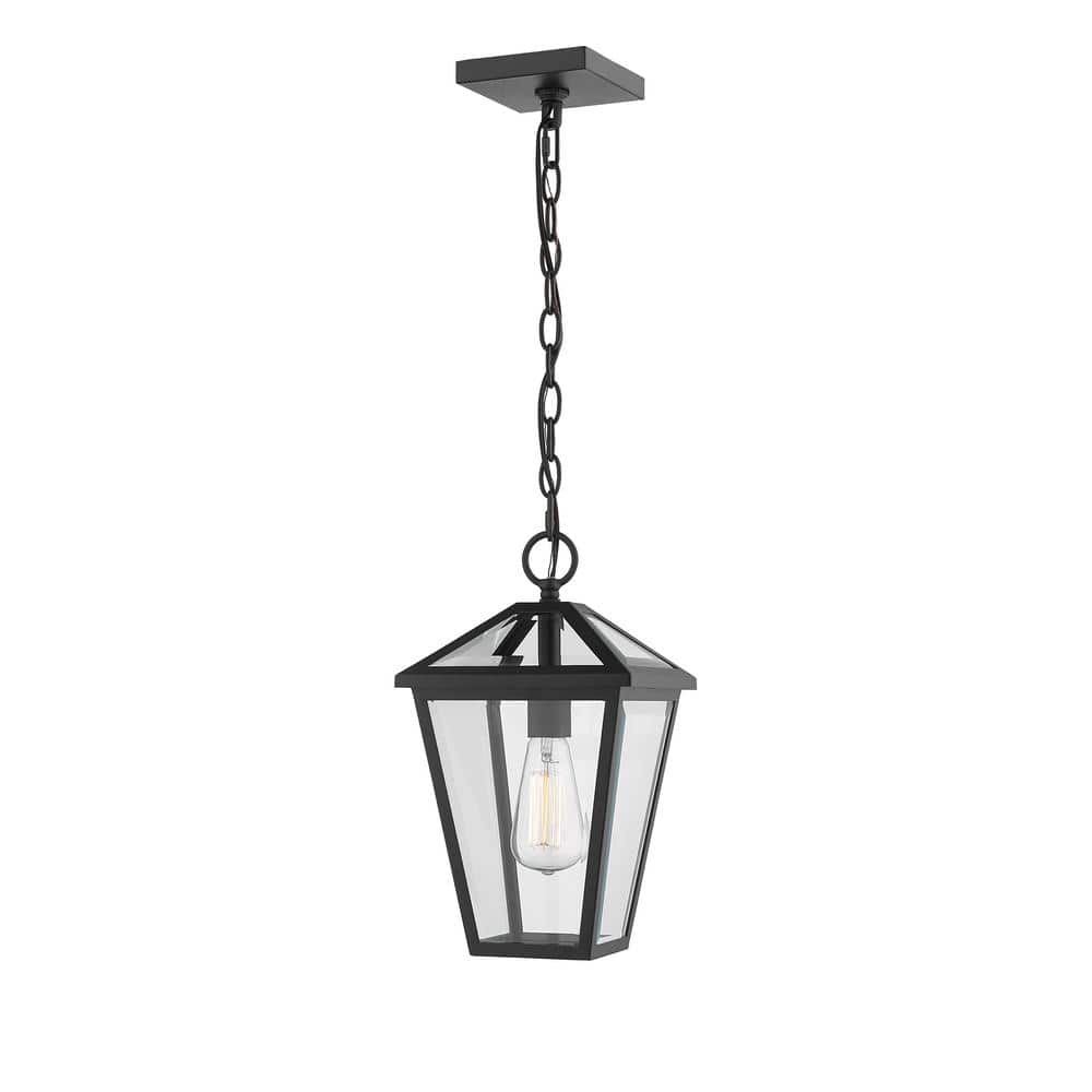 Talbot 14.25 in. 1-Light Black Outdoor Hanging Pendant Light with Clear Bev