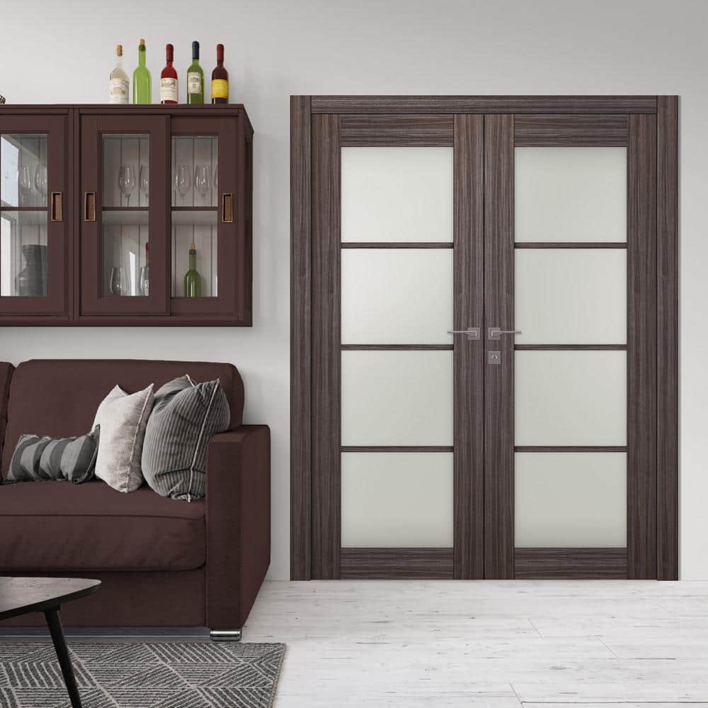 Paola 55.5" x 79.37" Gray Oak Composite French Door with Frosted Glass