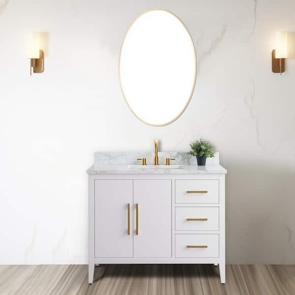 Vanity Art 42 in. W x 22 in. D x 34 in. H Single Sink Bathroom Vanity Cabinet in White with Engineered Marble Top