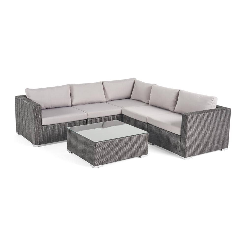 Noble House Santa Rosa Grey 6-Piece Wicker Outdoor Patio Sectional Set with Silver Gray Cushions