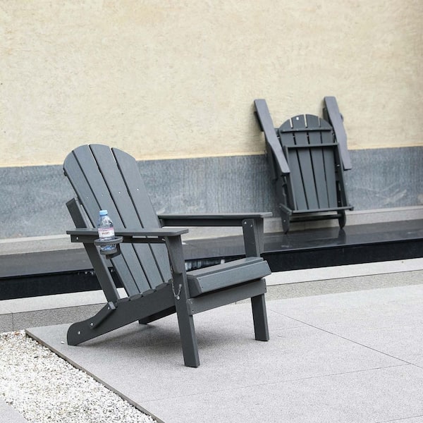 Gray HDPE Folding Adirondack Chair with Cup Holder (1-Pack), All