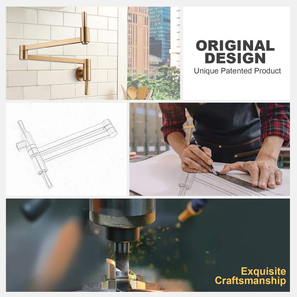 Brushed Gold Wall Mount Pot Filler with Double Joint Swing Arm