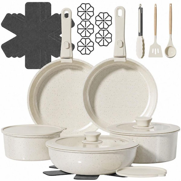 23-Piece Ceramic White Nonstick Cream White Cookware Set Induction Compatible Oven Safe with Detachable Handles All