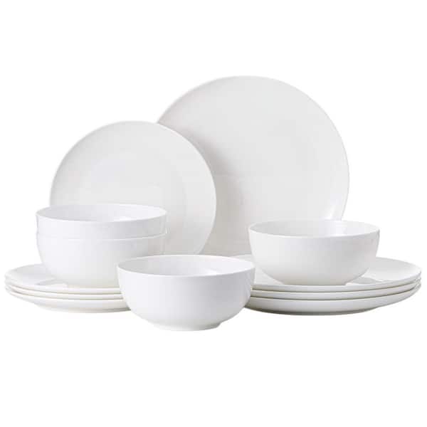 12-Piece White Lightweight Porcelain Dinnerware Set (Service for 4), Durable Scratch Resistant, Microwave Safe