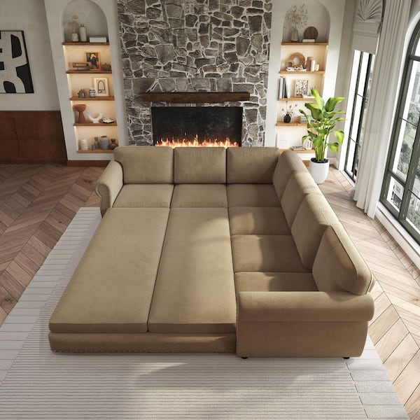 Oversize Convertible 118 in. Chenille Fabric Sectional Sofa in Camel with Nailhead Trim, Pull-out Sofa Sleeper