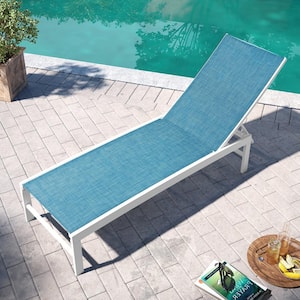 Full Flat 1-Piece Adjustable Aluminum Outdoor Chaise Lounge with Blue Textilence