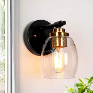 Transitional Cylinder Bathroom Wall Sconce 1-Light Industrial Plating Brass and Black Wall Light with Seeded Glass Shade