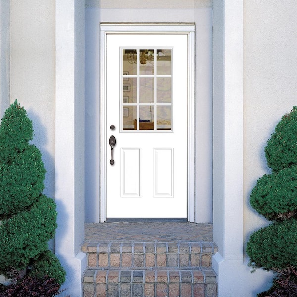 36 in. x 80 in. 9 Lite Right-Hand Inswing Primed White Smooth Fiberglass Prehung Front Exterior Door, Vinyl Frame