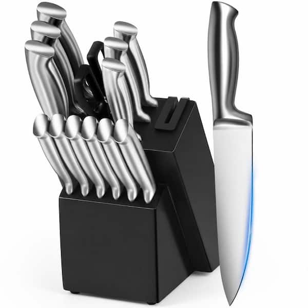 14-Piece High-Carbon Stainless Steel Knife Block Set with Built-In Sharpener and One-Piece Blade Design