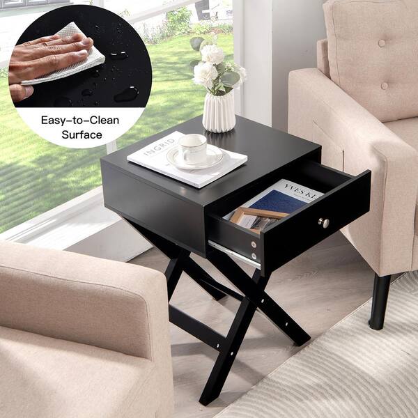 ◇SACWORKS/NIGHT TABLE SIDE TABLE Costway 1-Drawer Black Nightstand with x Shaped Structure