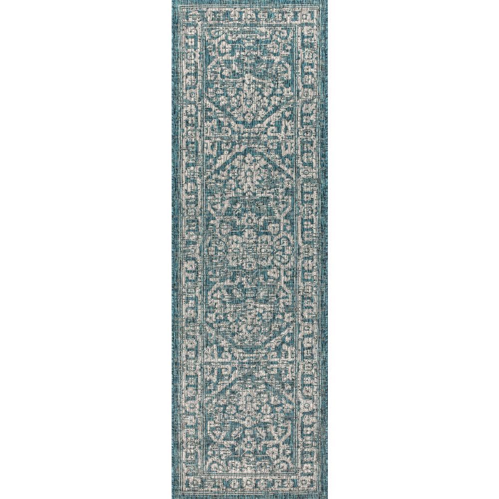 Teal and Gray Synthetic Medallion Runner Rug, 2'-2" x 8'