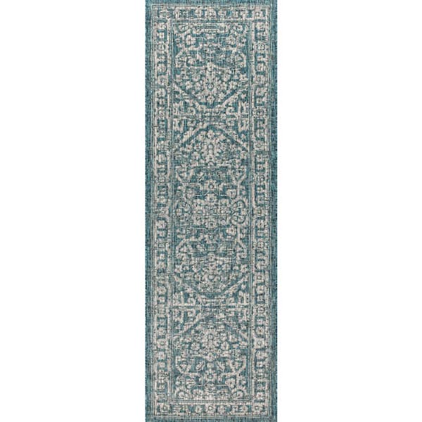 Malta Bohemian Medallion Textured Weave Teal/Gray 2 ft. x 10 ft. Indoor/Outdoor Runner Rug