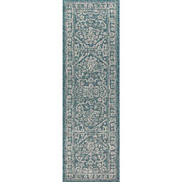 Malta Bohemian Medallion Textured Weave Teal/Gray 2 ft. x 10 ft. Indoor/Outdoor Runner Rug