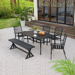 Black 6-Piece Metal Patio Outdoor Dining Set with Stackable Chairs