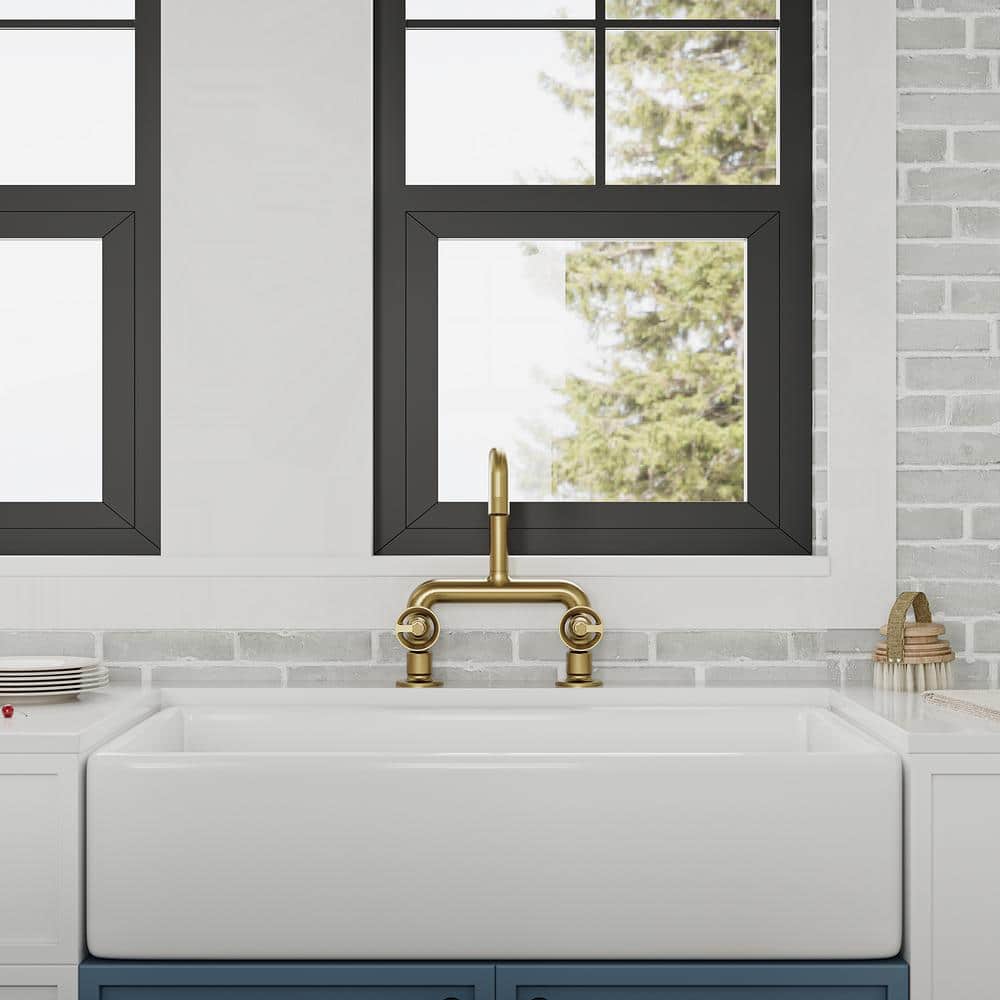 Brushed Gold Double Handle Deck Mount Kitchen Faucet