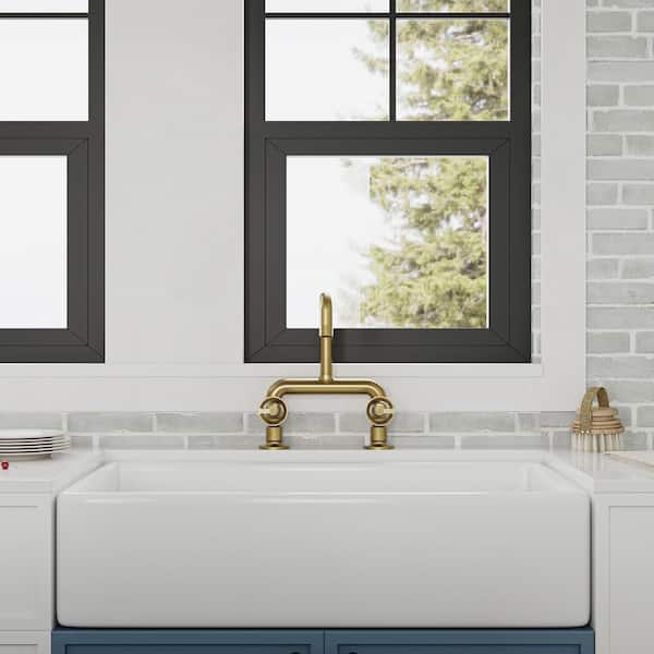 Double Handle Deck Mount 8 in. Center Gooseneck Standard Kitchen Faucet in Brushed Gold