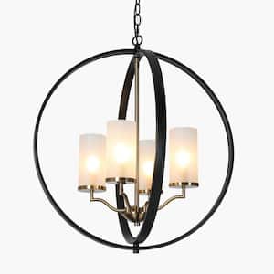 4-Light Black Brass Globe Chandelier Cylinder Glass Shade for Kitchen Island Foyer Dining Roome with no bulbs included