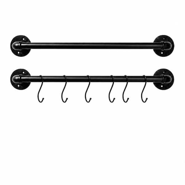 Black Wall-Mounted Tiered Pot Rack with 12 Hooks and Detachable Lid Holder for Kitchen Storage Organizer