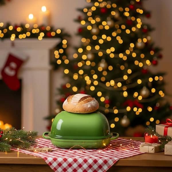 UUDULY 6 qt. Oval Cast Iron Dutch Oven Enameled Bread Pan in Green