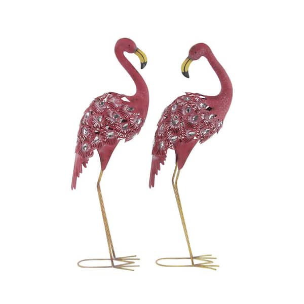 Litton Lane 38 in. Extra Large Metal Indoor Outdoor Standing Flamingo Garden Sculpture with Coiled U Shaped Feet (2- Pack)