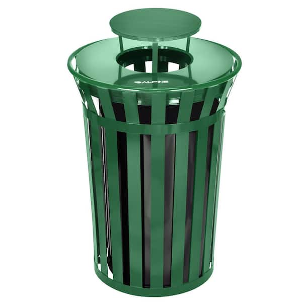 Alpine Industries 38 Gal. Green Outdoor Metal Slatted Vented Commercial Trash Receptacle with Rain Bonnet Lid Trash Can