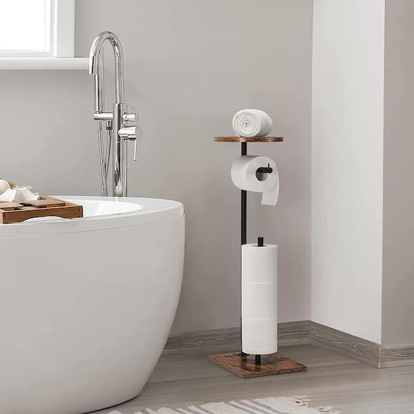 White, Grey Wood Free Standing Toilet Paper Roll Holder Bathroom