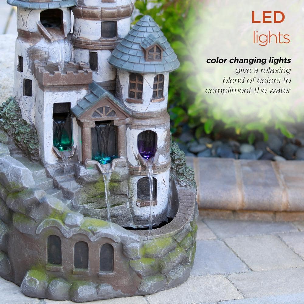 35" Gray Cement Outdoor Castle Fountain with LED Lights