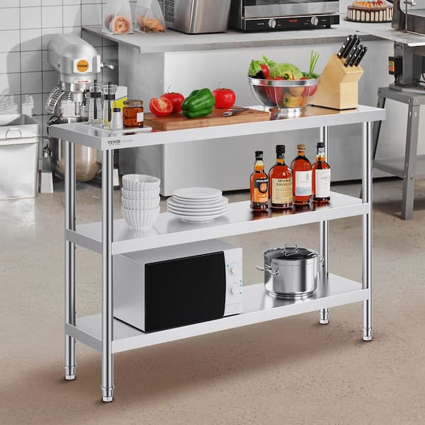 Kitchen Prep Table 14 x 48 x 34 in. BBQ Prep Table with 2 Adjustable Undershelf Heavy Duty Kitchen Utility Table, Silver