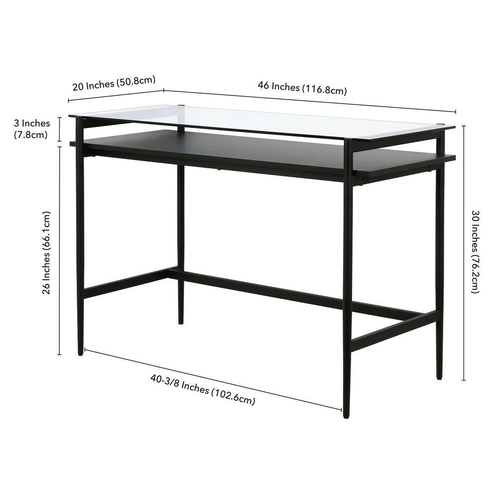 Eaton 46" Blackened Bronze Desk with Glass Top and Woodgrain Shelf