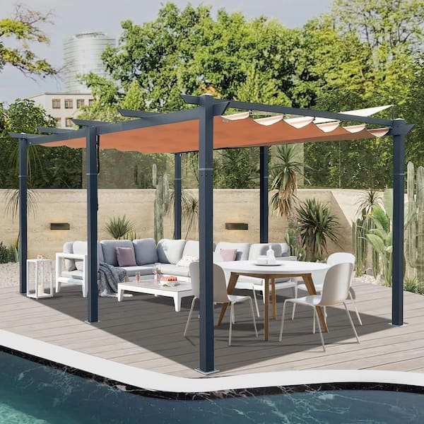 Sudzendf 11 ft. x 16 ft. Dark Gray Aluminum Outdoor Retractable Pergola with Khaki Canopy, Patio Grill Gazebo