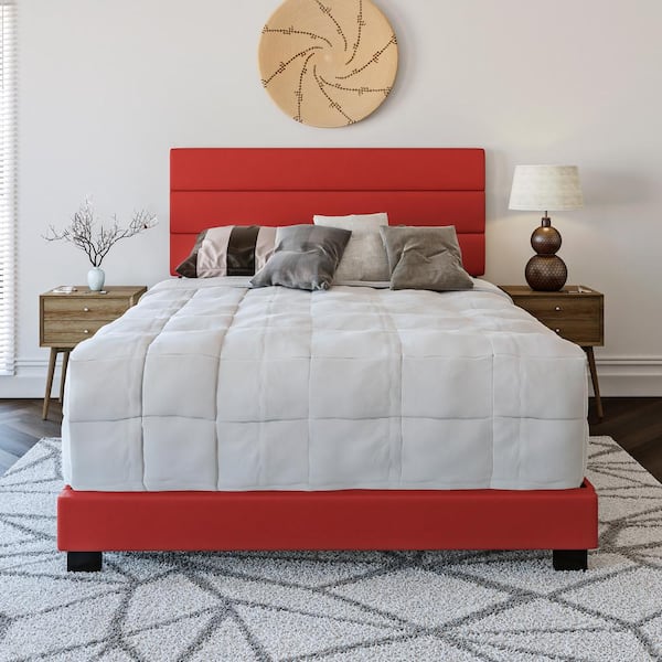 Boyd Sleep Napoli Upholstered Faux Leather Tri Panel Channel Headboard Platform Bed Frame, Queen, Red