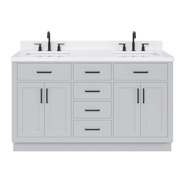 Hepburn 60 in. W x 22 in. D x 36 in. H Double Sink Freestanding Bath Vanity in Grey with Carrara Qt. Top