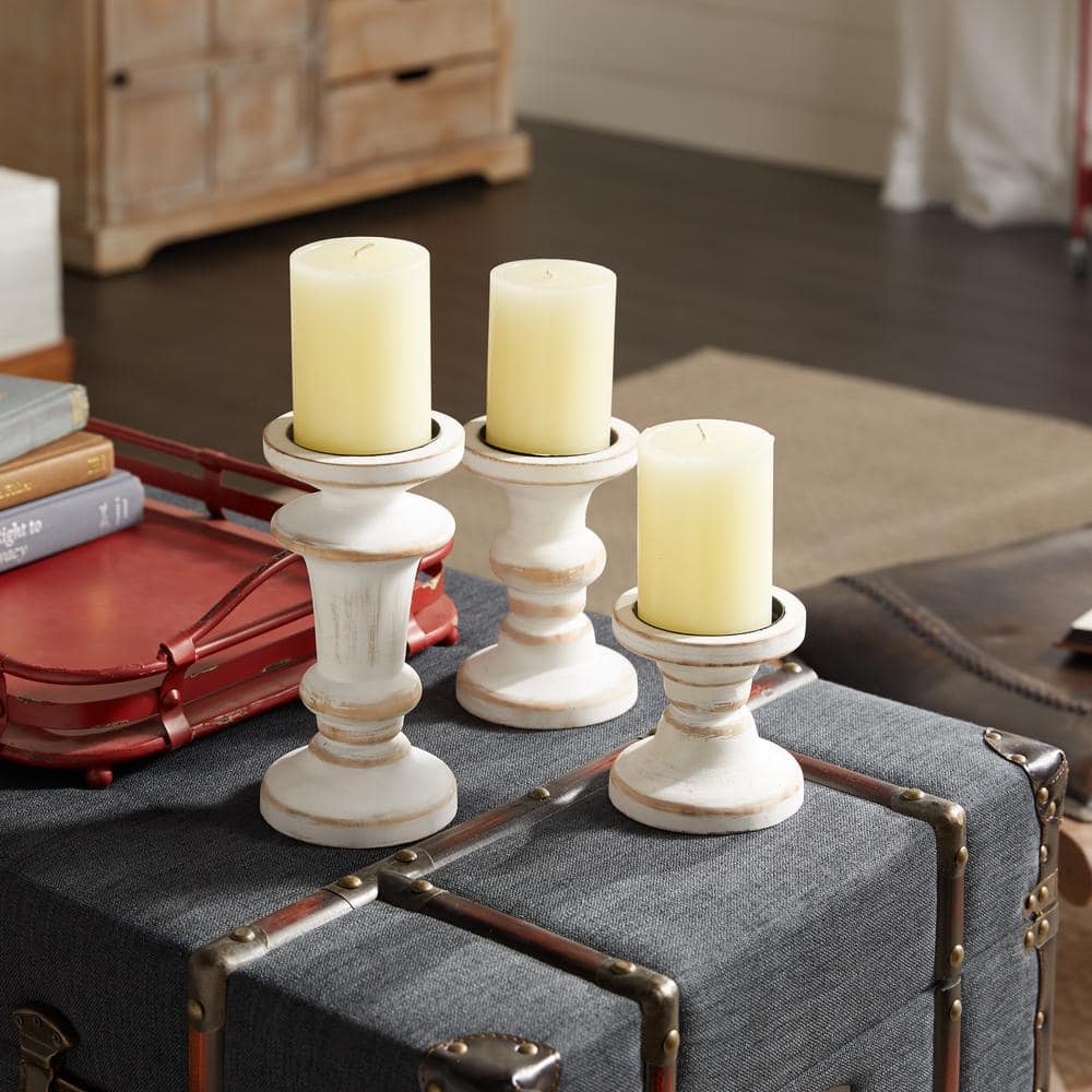 Elegant Farmhouse White Wood Pillar Candle Holder Set of 3