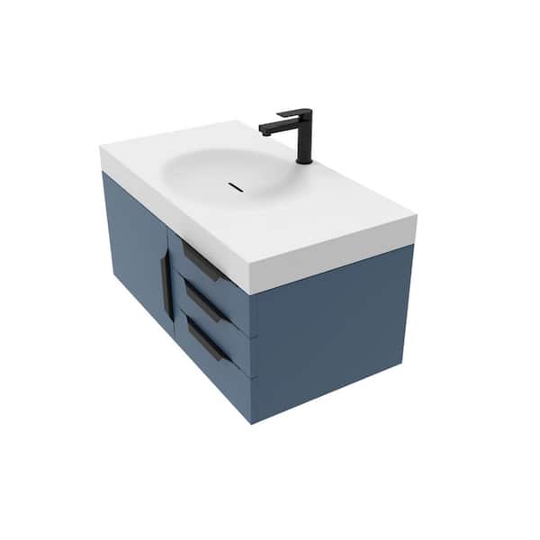 Thames 36 in. W x 19 in. D x 16.25 H Single Floating Bath Vanity in Matte Blue w Black Trim w Solid Surface White Top