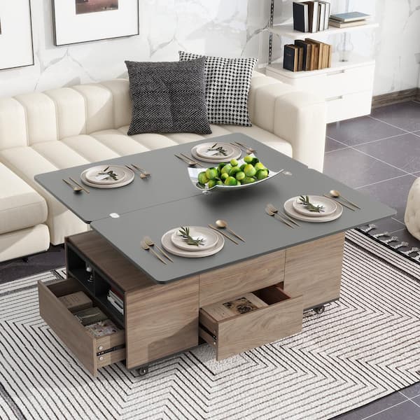 Harper & Bright Designs 47.2 in. Black and Walnut Rectangle MDF Lift Top Versatile Coffee Table with 3 Drawers and Lockable Universal Wheels