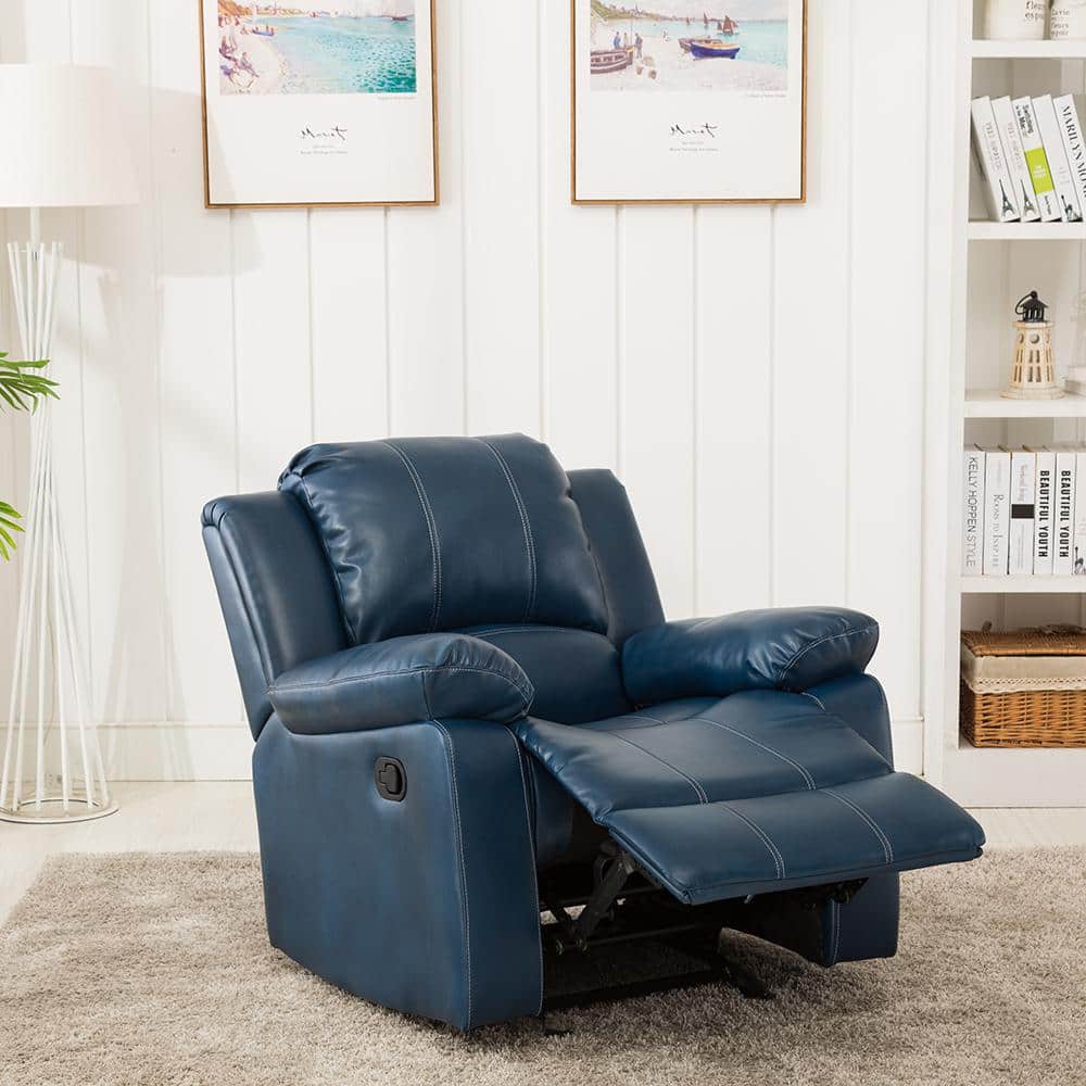 Midnight Blue Transitional Faux Leather & Wood Recliner Chair