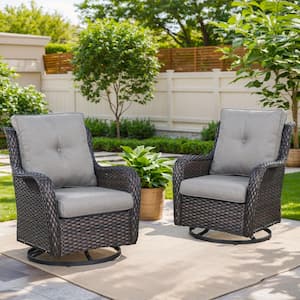 Brown Swivel Glider Wicker Outdoor Rocking Chair with Gray Cushions (2-Pack)