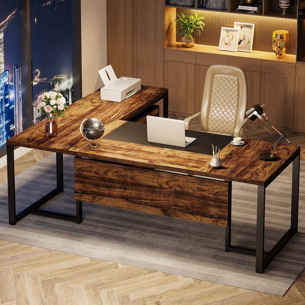 71'' Rustic Brown and Black L-Shaped Desk with Mobile File Cabinet